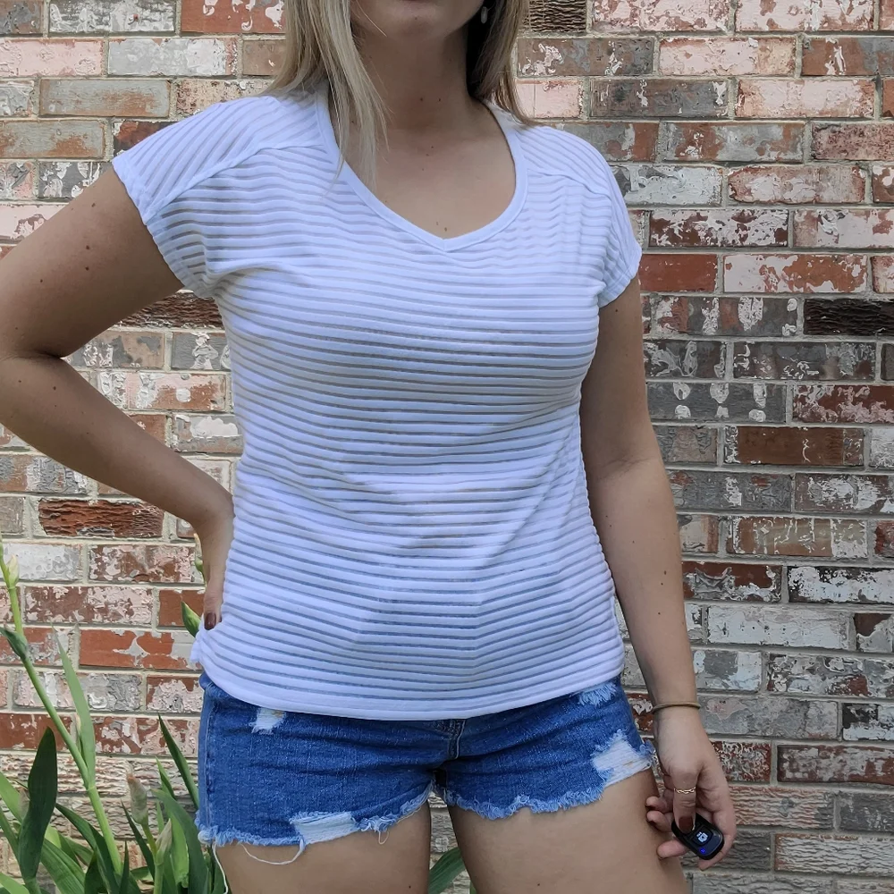 Northcrest White Striped Short Sleeved Top